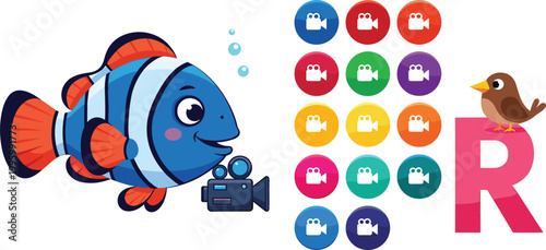 Cartoon fish with camera, colorful video icons and bird on letter R illustration set, multimedia, alphabet and creative design elements vector collection