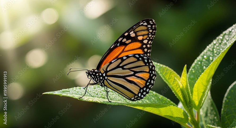 Obraz premium Monarch butterfly in natural environments with vibrant wing patterns and cinematic lighting, symbolizing transformation, beauty, and freedom.