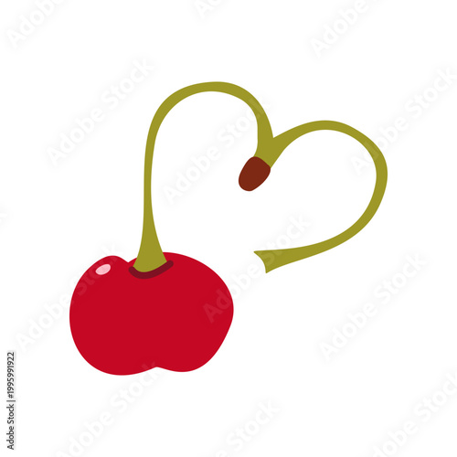 Red cherry with a green stem shaped like a heart, romantic fruit vector illustration.