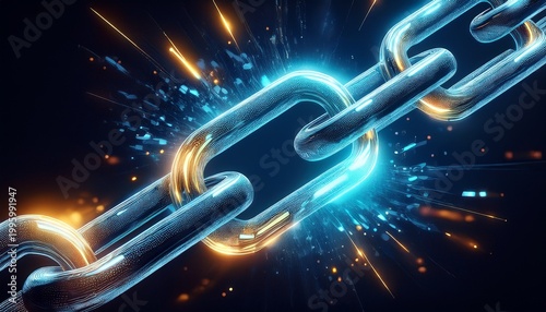 a glowing digital chain link shattering apart