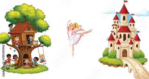 Cartoon treehouse with kids, ballerina dancer and fairy tale castle illustration set, childhood fantasy and adventure themed vector collection design
