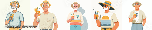 half body vector of a grandpa standing holding an iced orange enjoying summer