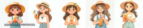 half body vector of a little girl standing holding an iced orange enjoying summer
