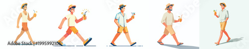 vector of a man walking holding an iced orange enjoying summer