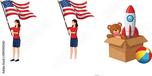 Cartoon woman holding USA flag and toys in box illustration set, patriotic theme with rocket, teddy bear and beach ball vector collection design