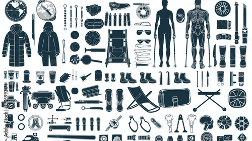 A collection of silhouetted items for arctic exploration, gear, and a human skeleton