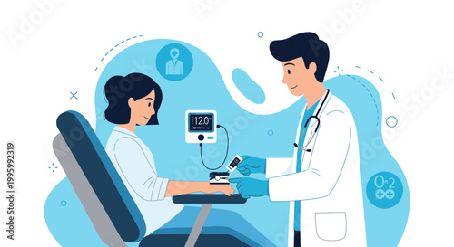 Doctor checking patient's blood pressure and oxygen saturation in clinic