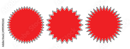 Three red jagged starburst shapes with black outlines on a white background  graphic resources