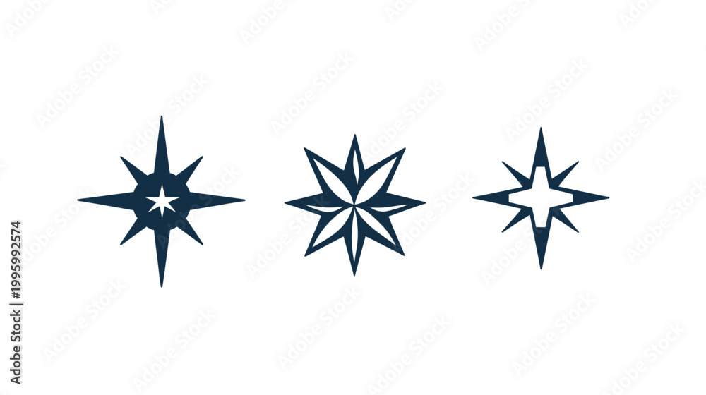 Fototapeta premium Three stylized star designs in navy blue on a clean white background. Various patterns