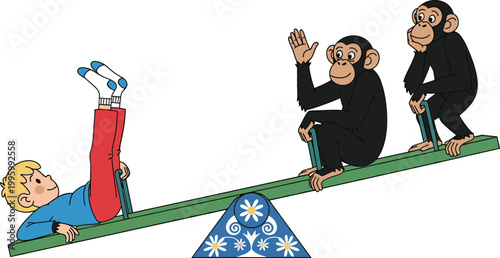 Cartoon evolution concept with child and monkeys on seesaw illustration, human origin and balance metaphor vector design for education and science theme