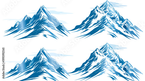 Stylized graphic design featuring four mountain peaks in varying shades of blue, with snow