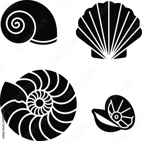 Minimalist Seashell Silhouette Set, Flat Vector Sea Shell Icons for Coastal Branding