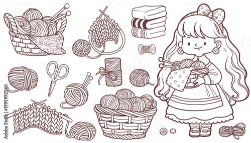 Cute cartoon girl with craft basket  and set of objects for needlework - yarn, knitting needles, scissors
