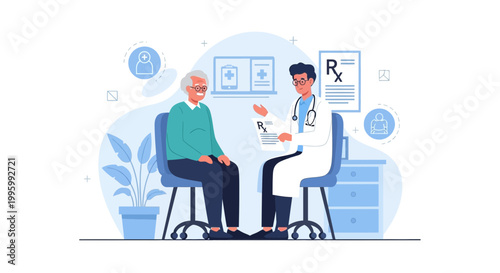 Doctor consulting with elderly patient, discussing medical prescription and healthcare