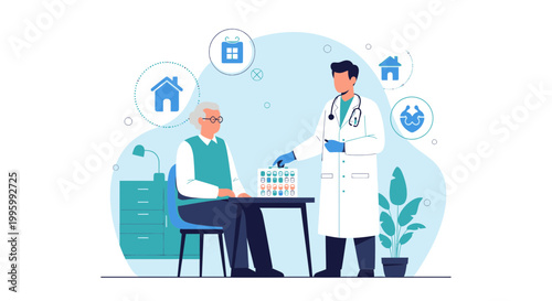Doctor consulting with elderly patient about medical treatment plan and healthcare at home