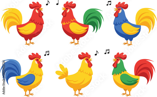 Colorful Roosters Singing with Musical Notes, Animal Illustration for Farm Life and Nature Lovers