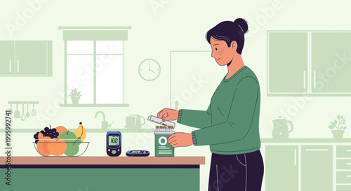 Woman checking blood sugar levels with glucose meter in kitchen, diabetes management
