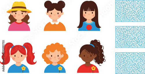 Cartoon girls avatars with different hairstyles and maze puzzles illustration set, kids characters and brain game activities vector collection design