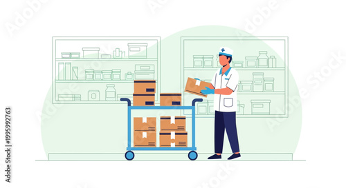 Warehouse worker with cart full of boxes, stocking shelves in storage room