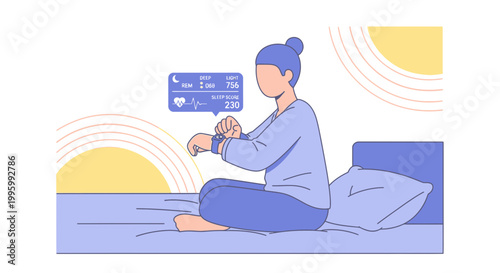 Woman checking smartwatch health data after waking up, sunrise background