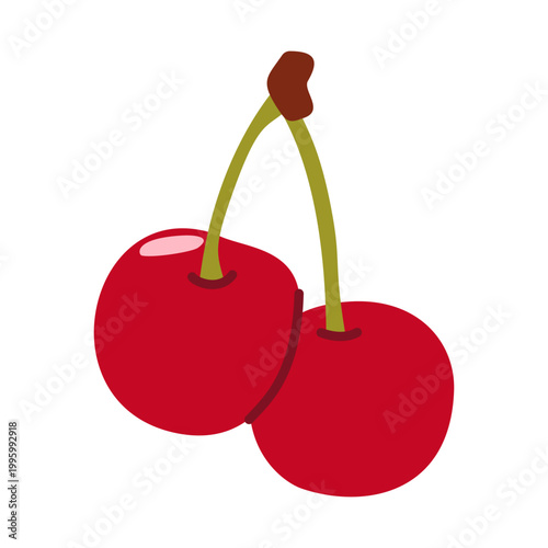 Pair of red cherries on a single stem, simple summer fruit vector illustration.