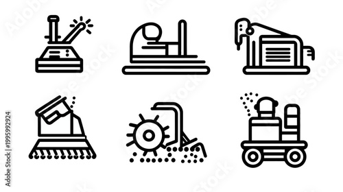 Collection of stylized, minimalistic outline icons depicting various agricultural machinery