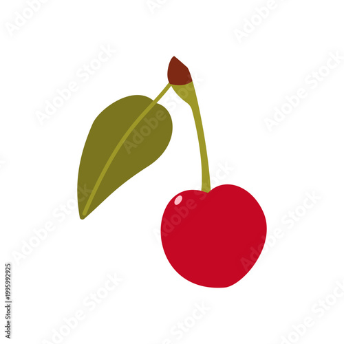 Single red cherry with a stem and one green leaf, fresh fruit vector illustration.
