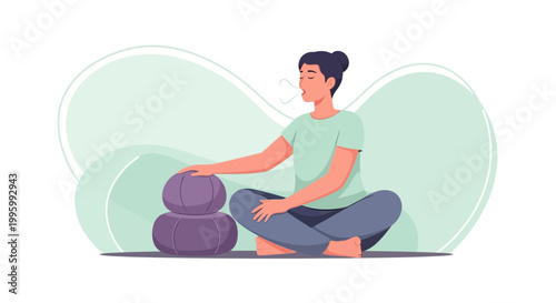 Woman Meditating Calmly in Lotus Pose with Eyes Closed, Practicing Mindfulness