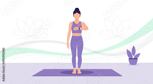 Woman in yoga outfit checking smartwatch on yoga mat with lotus background