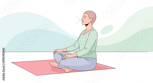 Woman meditating in lotus pose on yoga mat, breathing deeply, calm mind, relaxation
