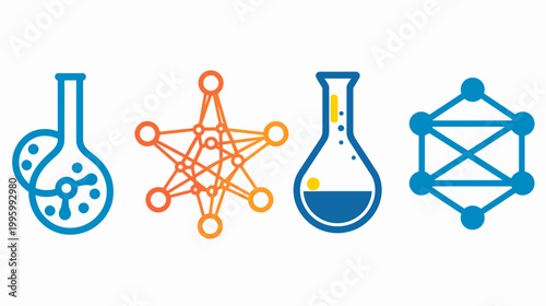 Four colorful illustrations of scientific and technological concepts. Abstract designs with beakers and network structures