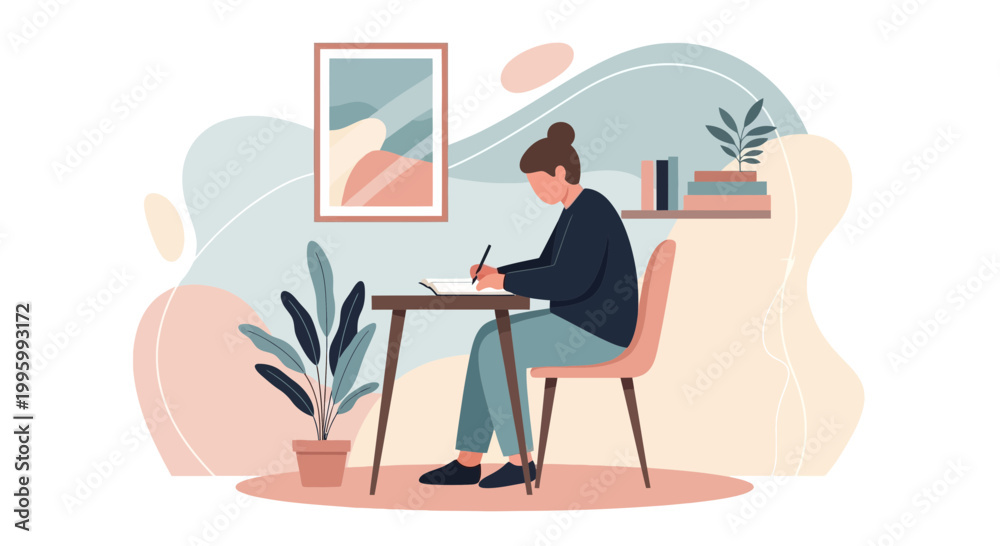 Fototapeta premium Woman writing at desk in cozy room with plants and abstract art