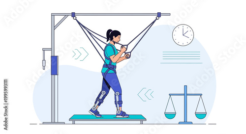 Woman using exoskeleton and treadmill for rehabilitation and physical therapy