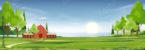 Spring landscape at village by the lake with green fields,mountain, blue sky and clouds, Vector nature cartoon scenery Summertime,Panoramic rural countryside by river with clear sky in morning