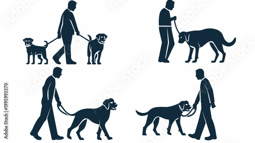 Silhouetted men walk dogs on leashes, various poses in a 2x2 grid