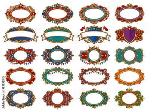 Vibrant ornate frames and labels showcase various colorful designs on a white background with graphic elements.