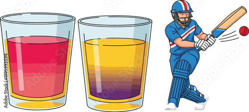 Layered color gradient glasses and cricket player batting illustration set, sports and abstract drink concept vector design collection isolated