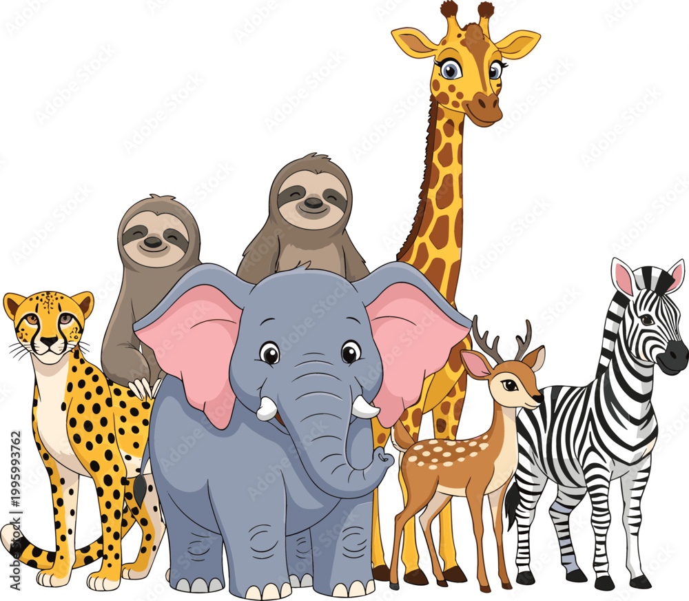 Obraz premium Cartoon wild animals group including elephant, giraffe, zebra, cheetah, sloth and deer illustration, safari wildlife collection for kids education design