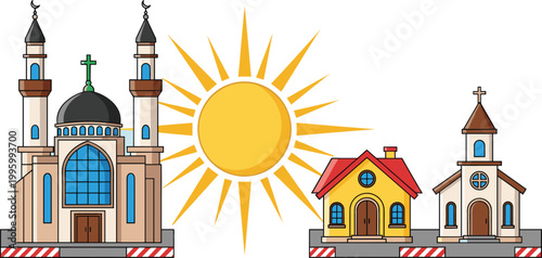 Cartoon mosque, church, house and sun illustration set, architecture and religion themed buildings with bright sunny sky vector collection design