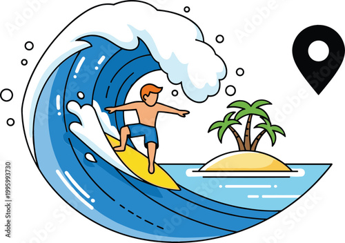 Cartoon surfer riding ocean wave near tropical island with location pin illustration, summer travel and beach adventure vector design concept