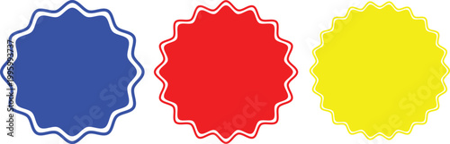 Three starburst shapes in blue red and yellow isolated on transparent background for graphic design