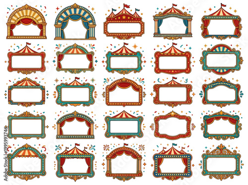 Vibrant carnival banners with various shapes and colors are displayed on a white background with confetti.