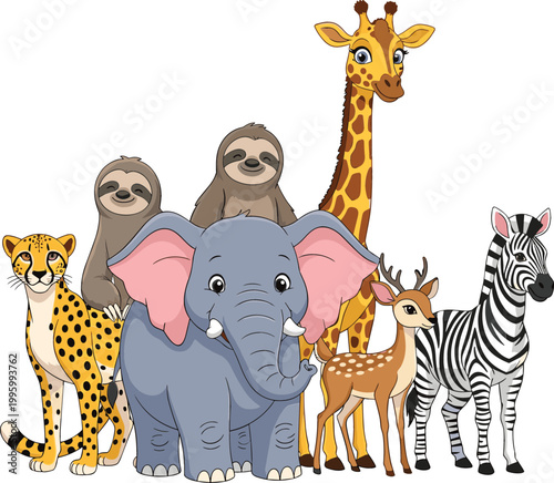 Cartoon wild animals group including elephant, giraffe, zebra, cheetah, sloth and deer illustration, safari wildlife collection for kids education design