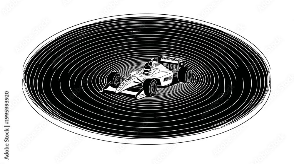 Fototapeta premium Racing car image with black and white color scheme, centered in concentric rings