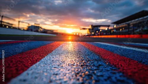 Dramatic Sunset Over a Wet Race Track with Red and Blue Markings.
