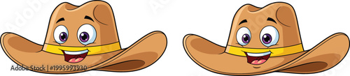 Cute cartoon cowboy hat characters with smiling faces illustration set, western themed accessories with playful expressions for kids design and animation