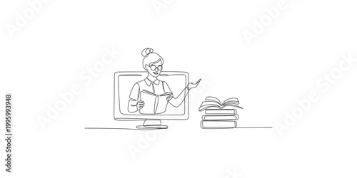 A woman on a computer screen holding a book and gesturing with her hand near a stack of books