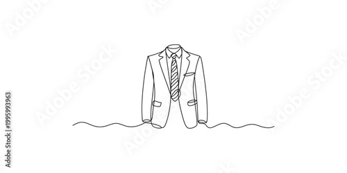 A minimalist line drawing of a business suit jacket and tie on a white background with wavy lines underneath