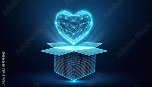 abstract glowing digital heart emerges from an open wireframe gift box