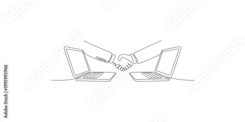 Handshake between two people with laptops in a continuous line drawing style